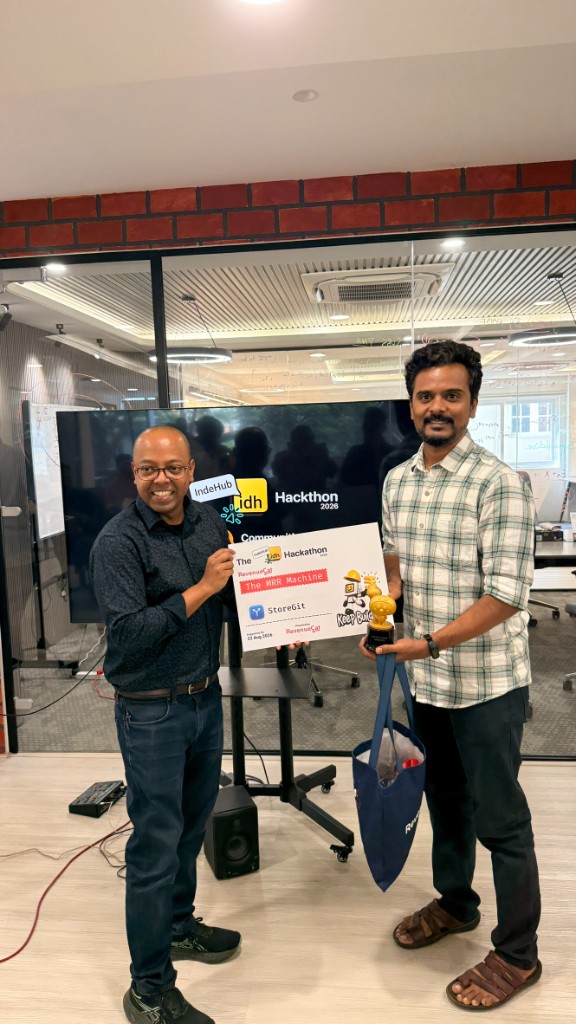 Ashutosh Billa of Sarva Labs with The MRR Machine award at IndeHub Hackathon 2026